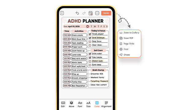 Mobile screen showing a Daily Planner app for May 21, 2025, with hourly tasks, goals, priorities checklist, notes, and an open Share/Save popup menu