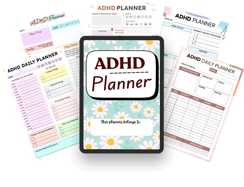 Collection of various ADHD planner templates surrounding a tablet displaying floral-patterned ADHD planner cover