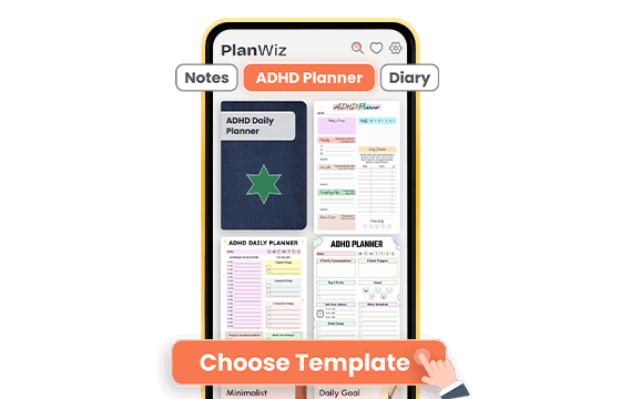 PlanWiz app showing daily planner template options with weekly, monthly, and yearly filters