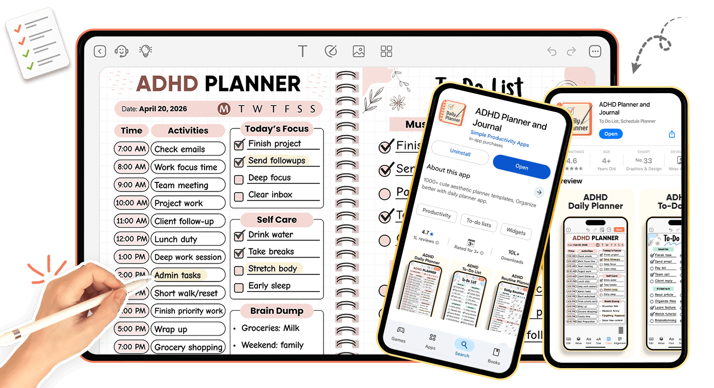PlanWiz interface showing desktop calendar view and mobile phone displaying Daily Planner app store page with templates and ratings