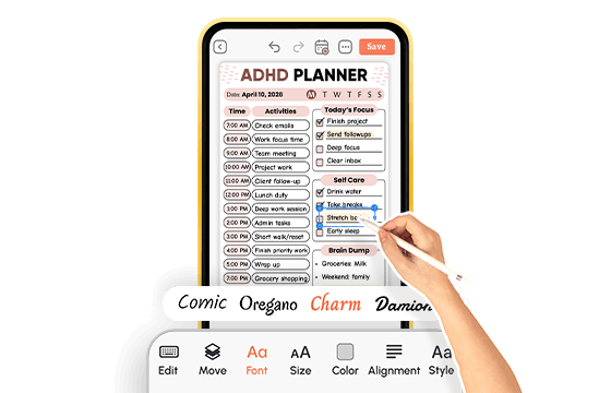 Hand editing daily planner with hourly schedule using stylus, showing font and style customization tools