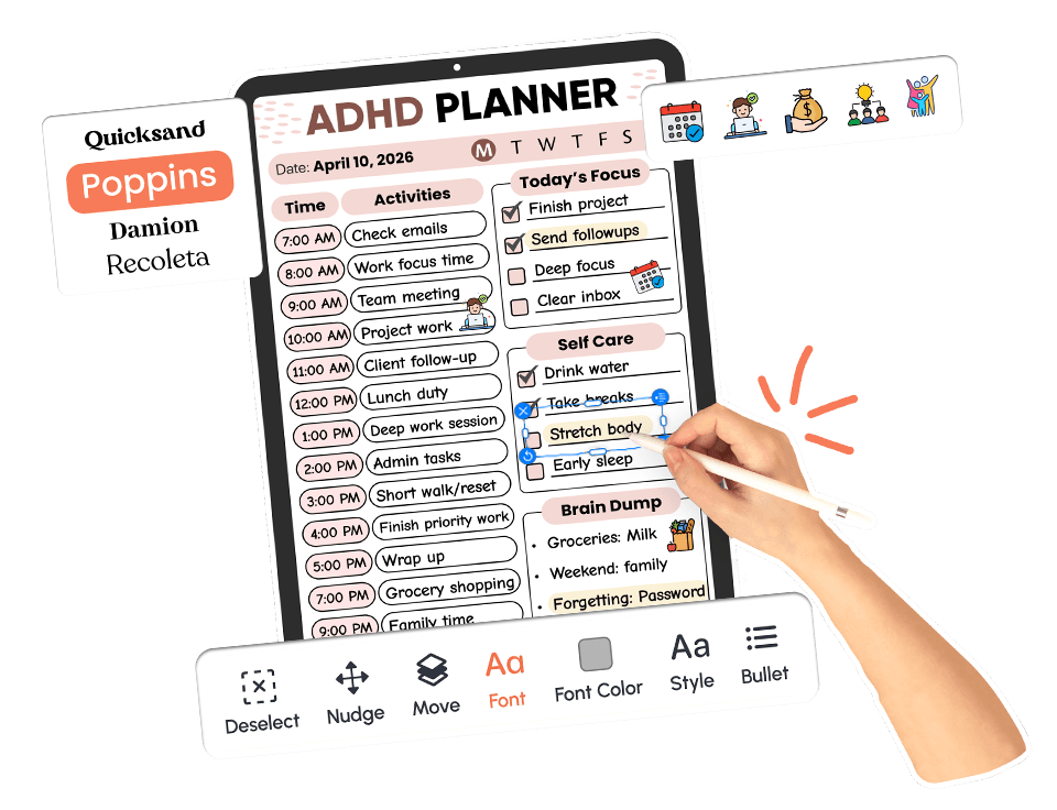 ADHD planner app interface showing hourly schedule, today's focus checklist, self-care tasks, and brain dump section with food emoji icons