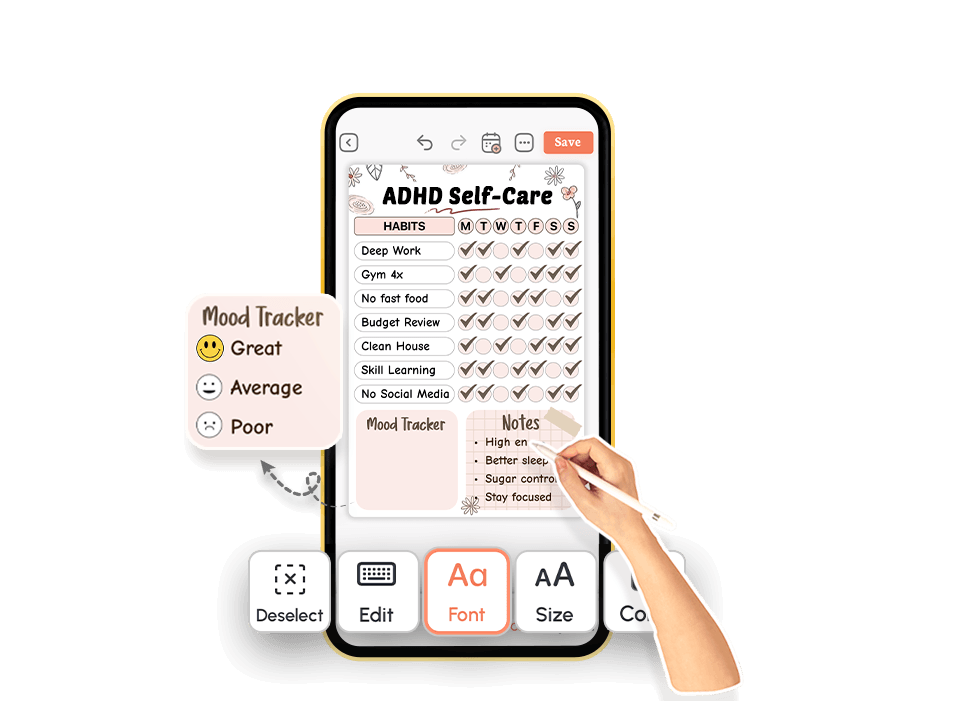 Self-care habit tracker with weekly checkmarks, mood ratings, and editable notes section
