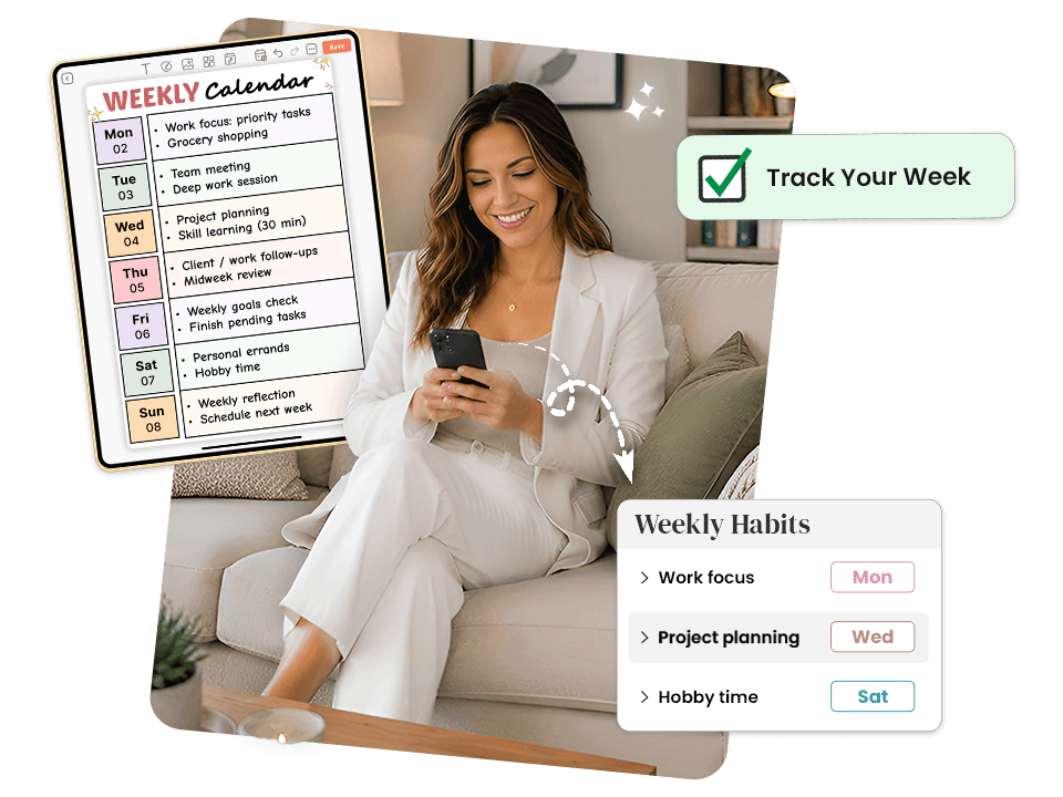 woman on phone with weekly calendar showing daily habit tracker for work focus, project planning, hobby time