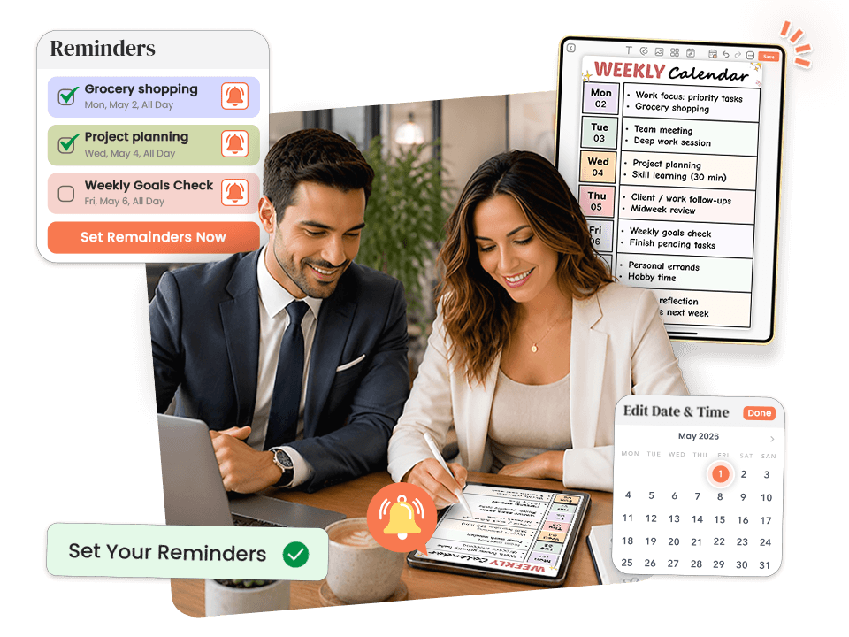couple using tablet with weekly calendar showing reminders for grocery, project planning, weekly goals