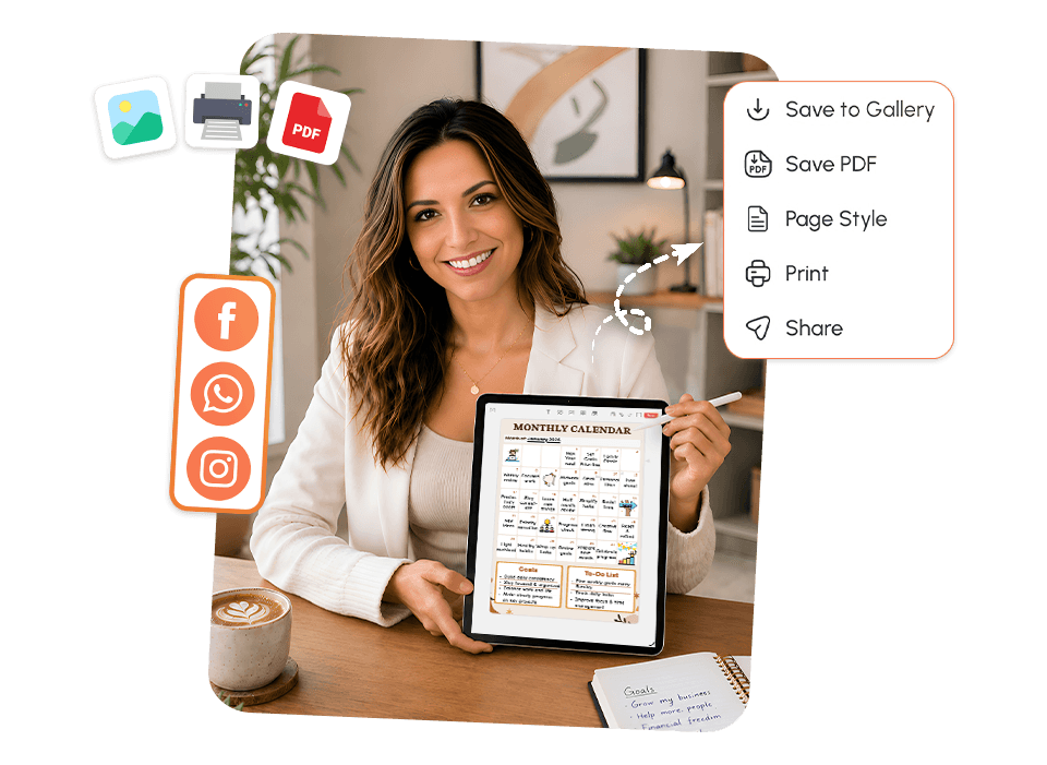 woman holding tablet with monthly calendar showing save as PDF, print, and social share options