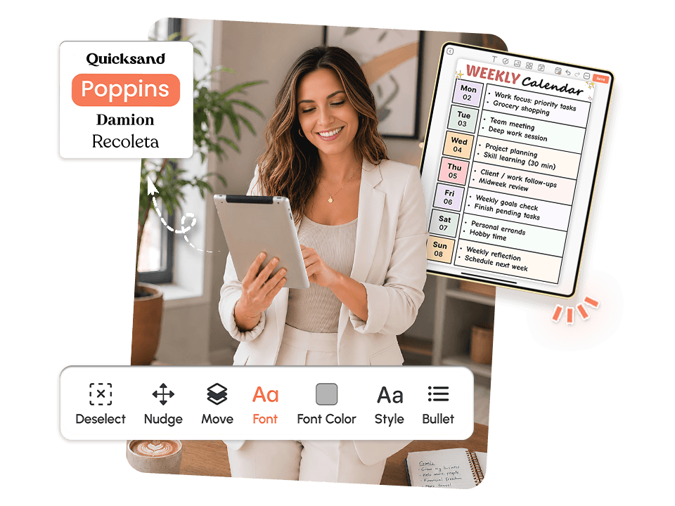 woman using tablet with weekly calendar showing font style and color editing tools