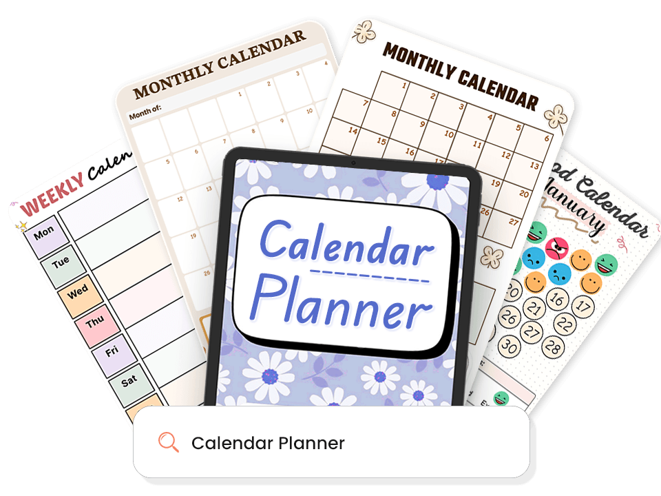 Collection of various calendar planner templates surrounding a tablet displaying floral-patterned calendar planner cover