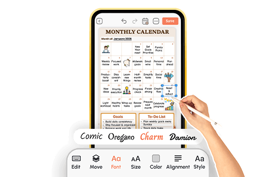 hand using stylus to edit monthly calendar planner template