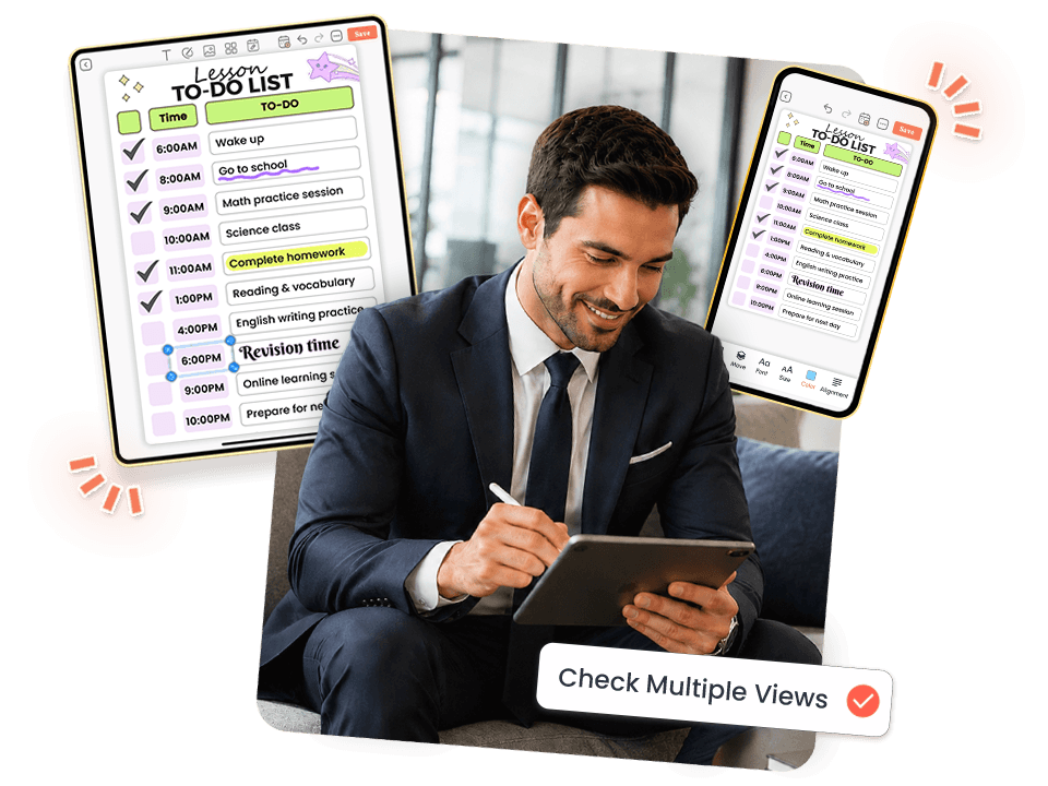 man using tablet and phone showing lesson to-do list in both tablet and mobile views