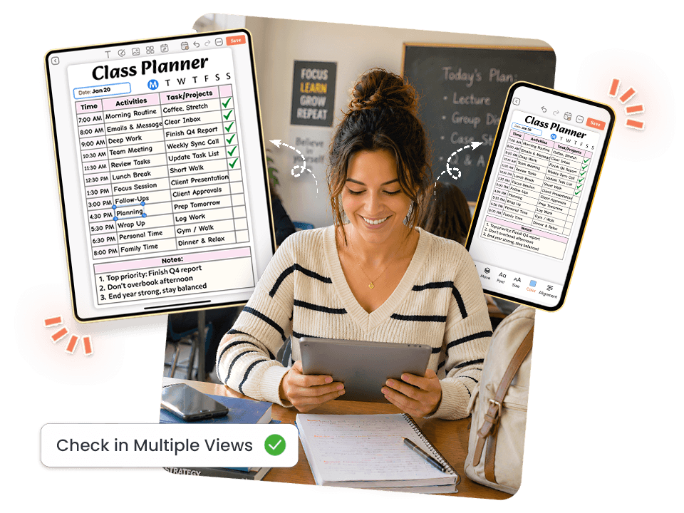 Student checking class planner synced across tablet and mobile with multiple views