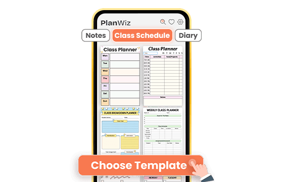  PlanWiz app screen showing class schedule templates with Choose Template button