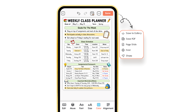 Completed weekly class planner on mobile with assignments, reminders, and save options