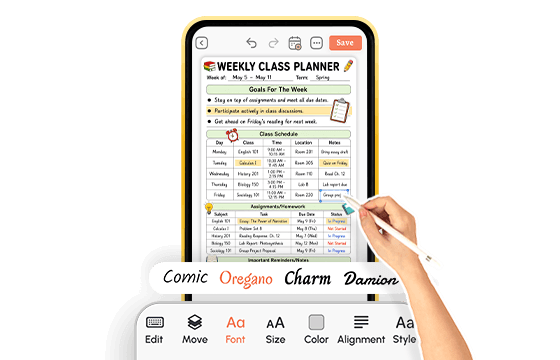 Weekly class planner being edited with stylus, font options shown below