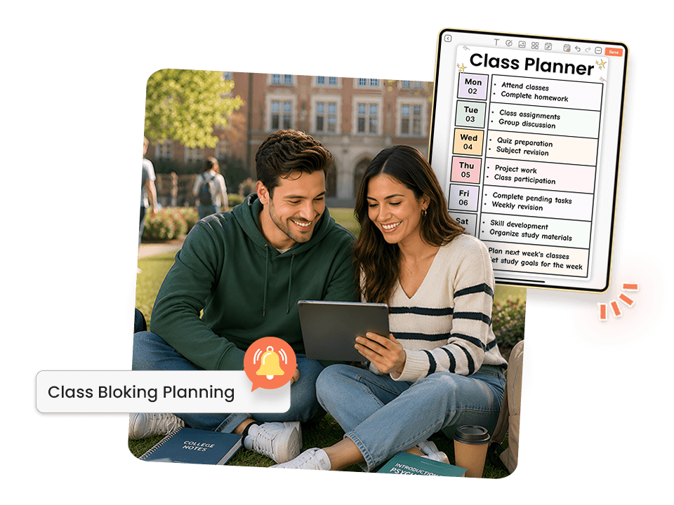 Two students viewing weekly class planner on tablet with study blocking plan on campus
