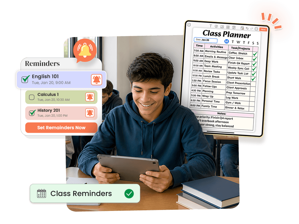 Student using class planner on tablet with subject-wise reminders and set reminders button