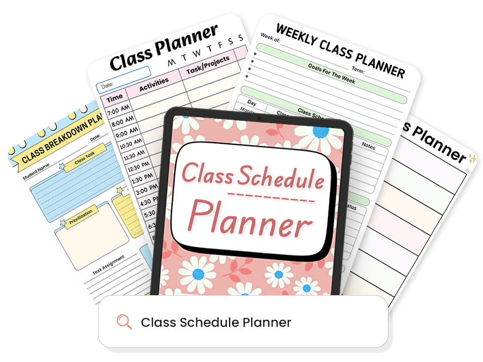 Class schedule planner template library showing weekly, breakdown, and activity-based layouts