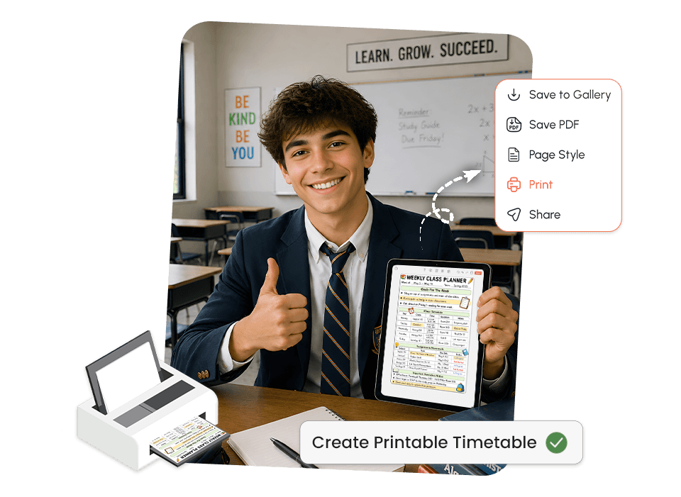Student holding tablet with weekly class planner, showing print and save options in classroom