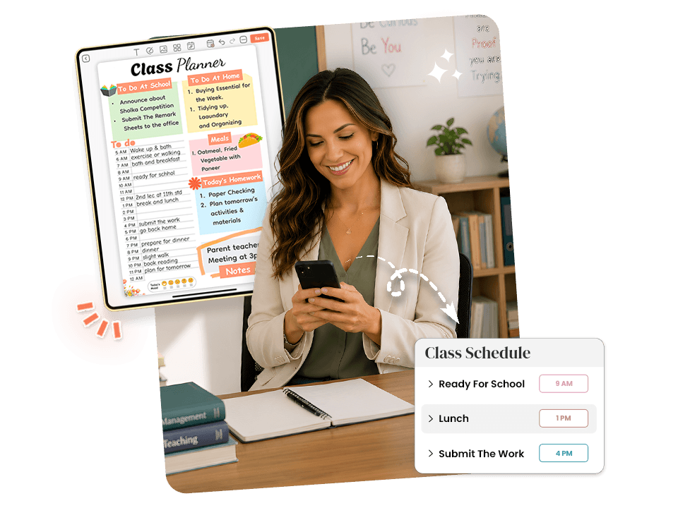 Teacher viewing colorful class planner on mobile with to-do, meals, homework, and daily schedule