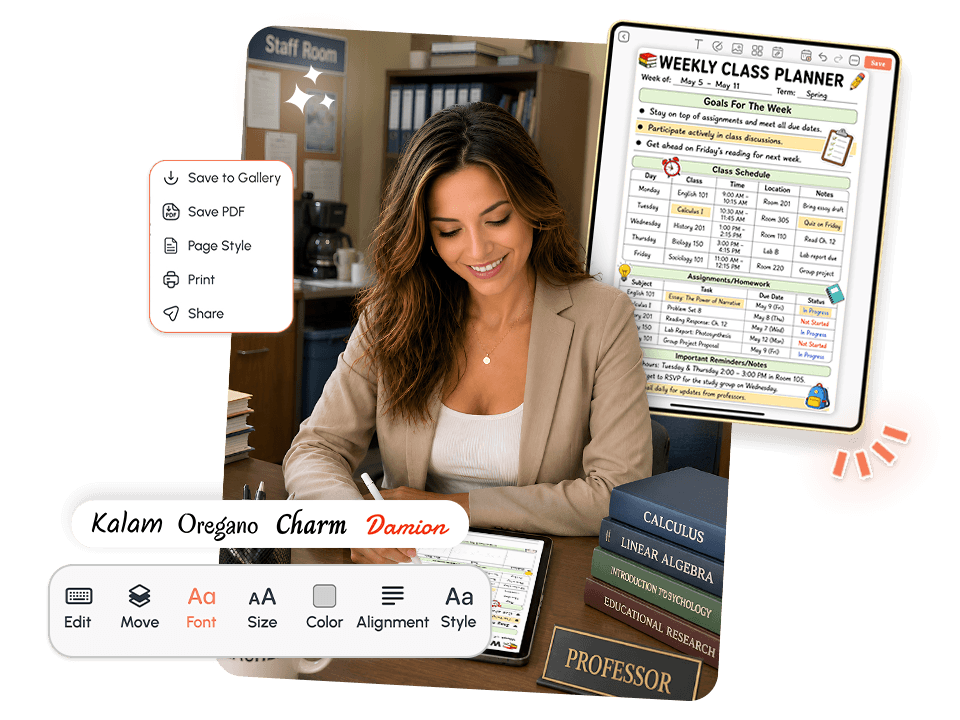 Woman using weekly class planner on tablet with class schedule, assignments, and save options