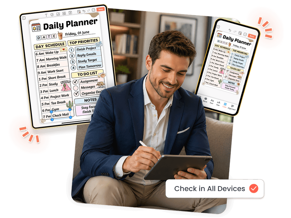 man using tablet showing daily planner in both tablet and mobile views