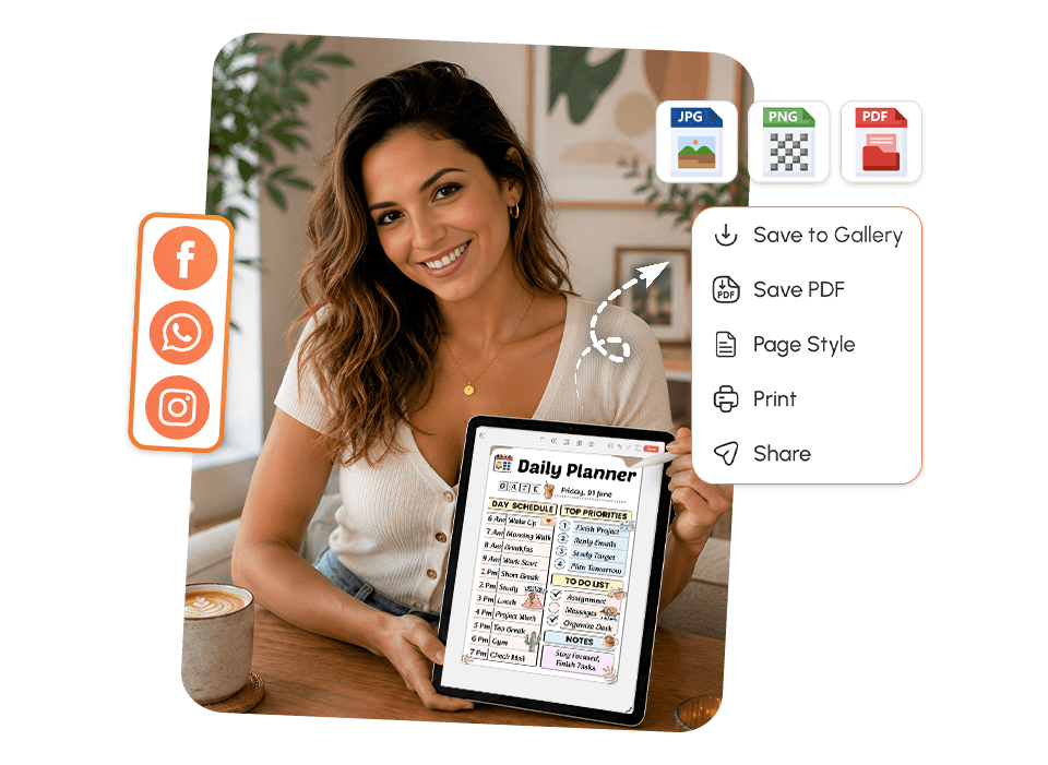 woman holding tablet with daily planner showing save as JPG, PNG, PDF and social share options
