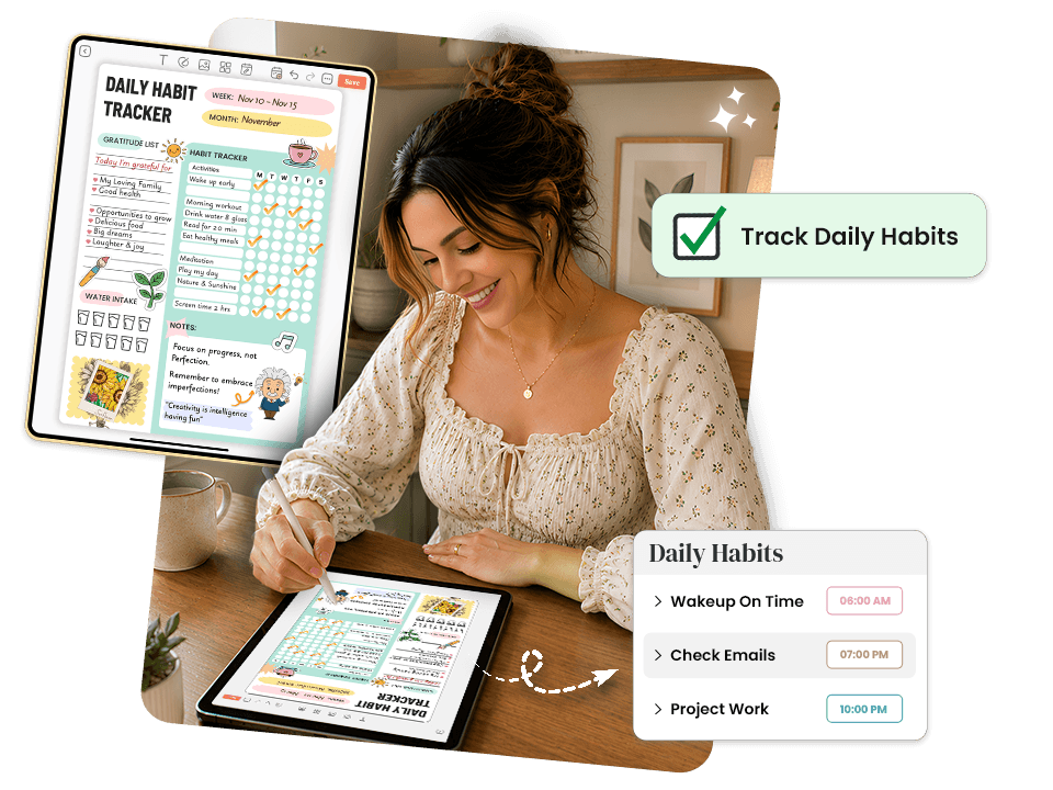 woman using tablet with daily habit tracker showing gratitude list and daily habits schedule
