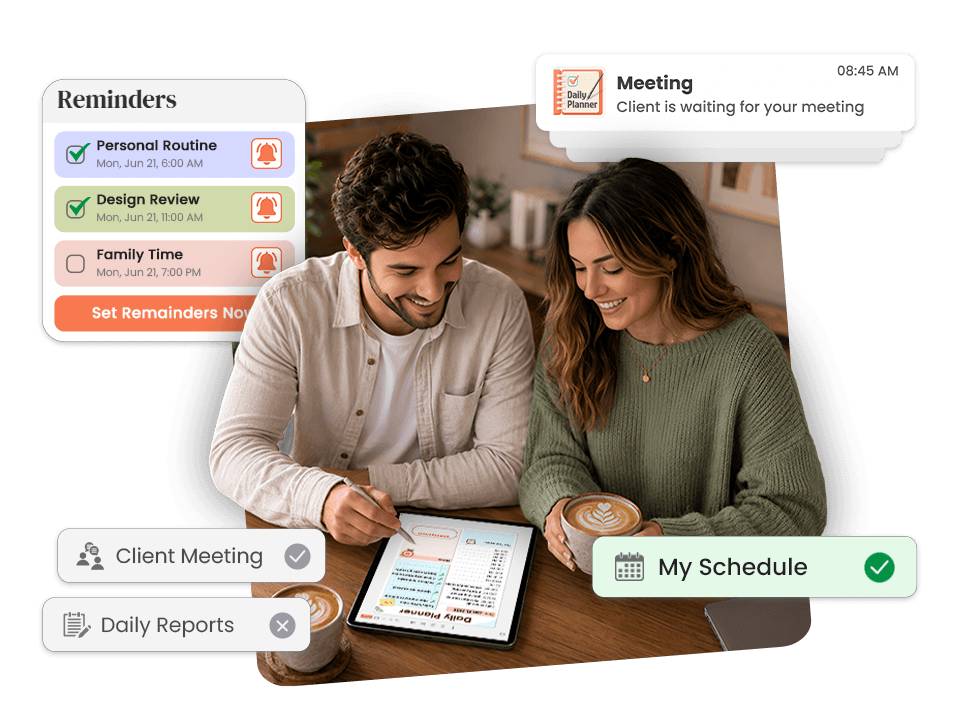 couple using tablet with daily planner showing reminders for routine, design review, family time