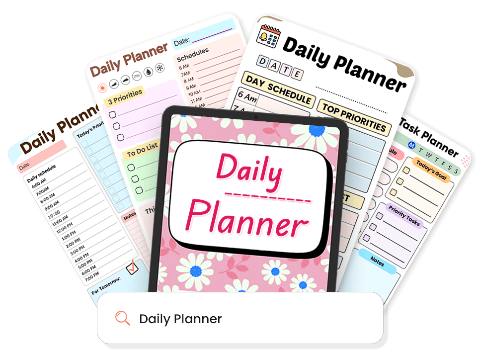 Collection of various daily planner templates surrounding a tablet displaying floral-patterned daily planner cover