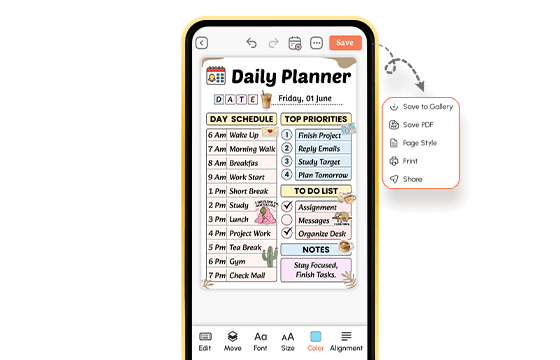 daily planner showing day schedule, priorities, to-do list, notes, and save or share options
