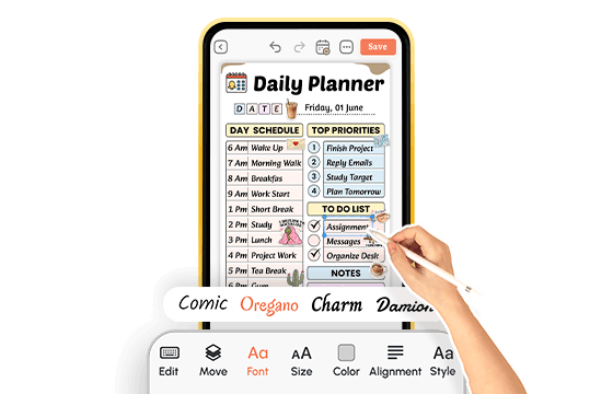 hand using stylus on daily planner with font style options like comic, charm, damion