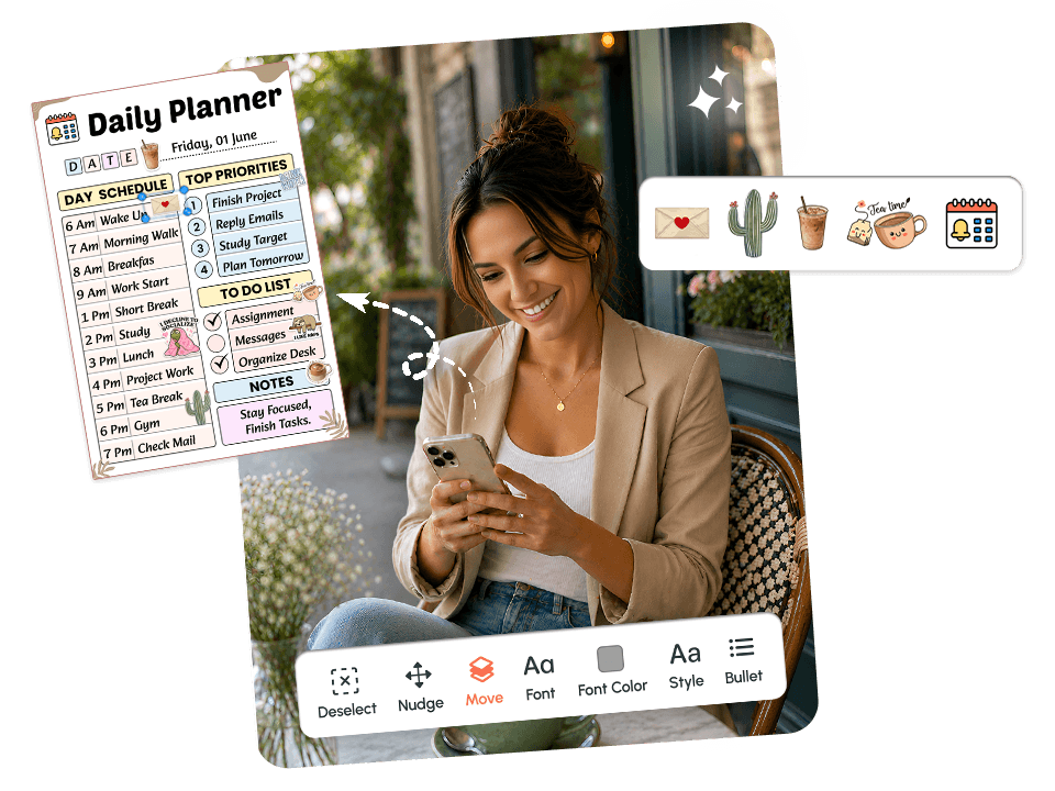 woman on phone with daily planner showing cute sticker icons and editing tools