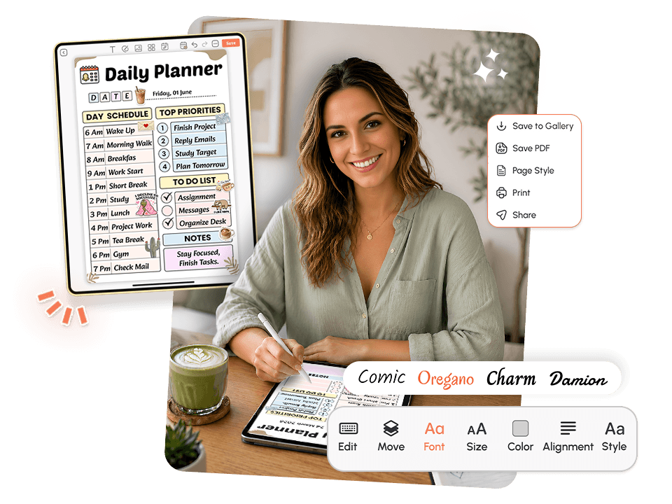 woman using tablet with daily planner showing schedule, priorities, to-do list, and font editing tools