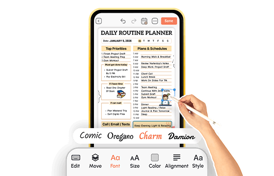 hand using stylus to edit daily routine template