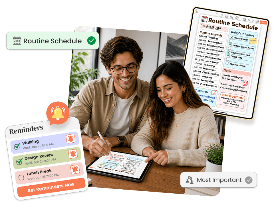 couple using tablet with routine schedule, reminders popups for walking, design review, lunch break