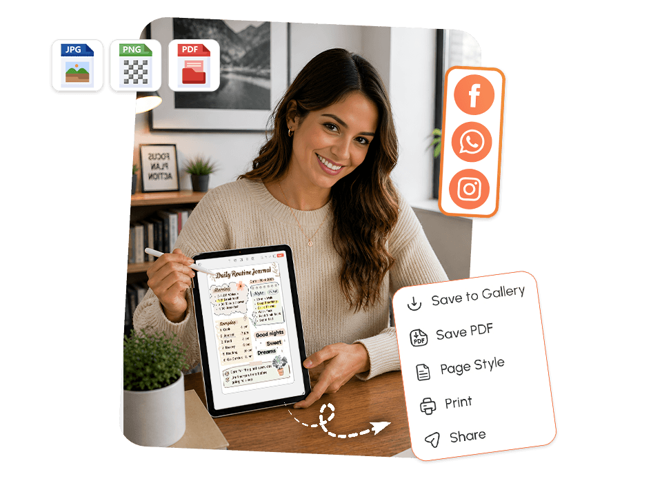 woman holding tablet with daily routine journal showing save as JPG, PDF and social share options