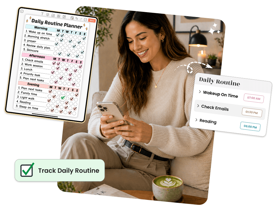woman on phone with morning, afternoon, evening routine planner and daily habit time tracker