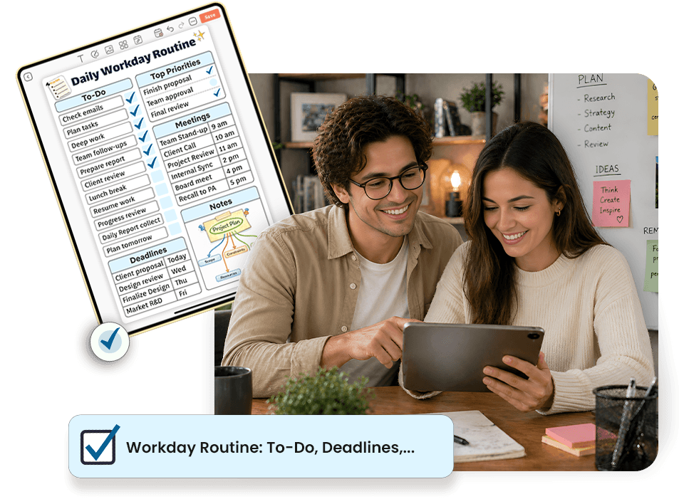 couple reviewing daily workday routine template with to-do, meetings, and deadlines on tablet