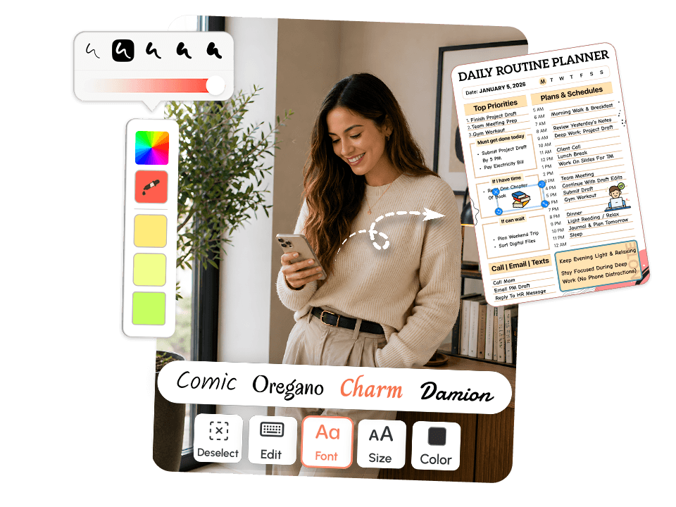 woman on phone with daily routine planner showing font, color, and style editing tools