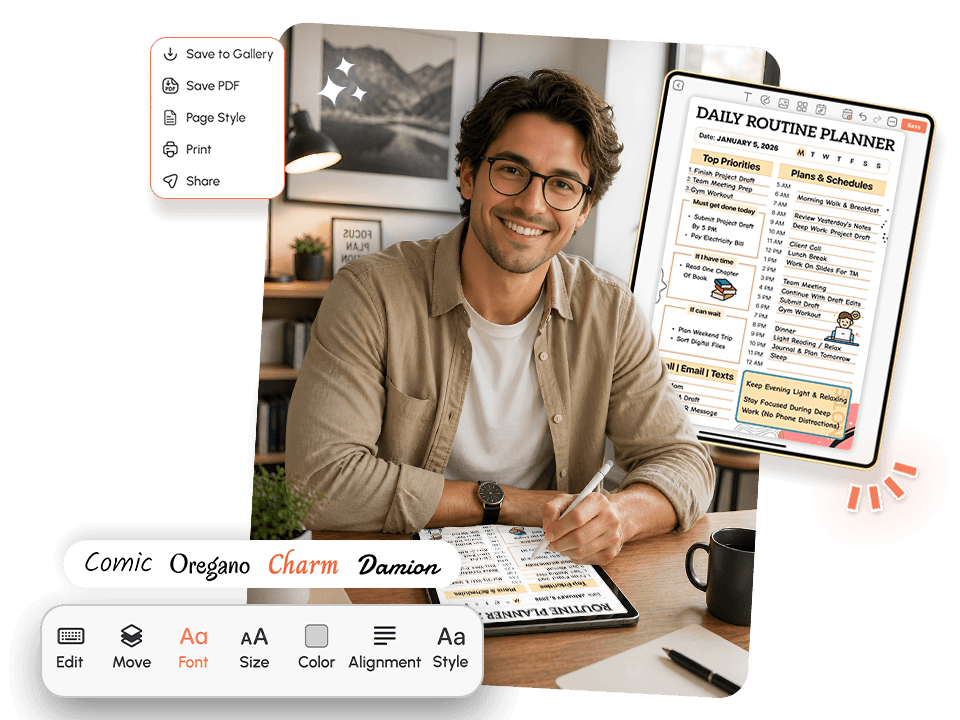 man using tablet with daily routine planner showing priorities, schedule, and font editing options
