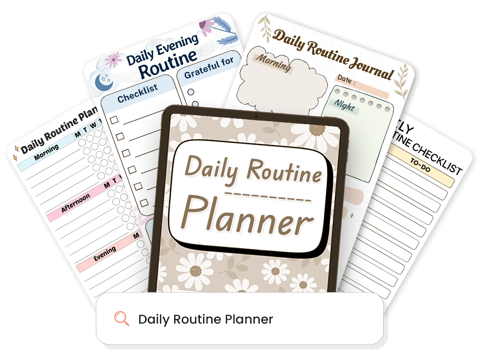 Collection of various daily routine templates surrounding a tablet displaying floral-patterned daily routine cover
