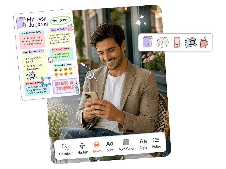 Man customizing My Task Journal with mood tracker, daily reflection, and affirmation sections in PlanWiz