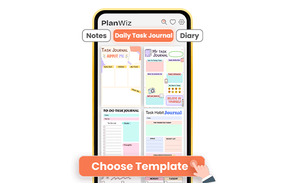 PlanWiz app screen showing Daily Task Journal template library with About Me, To-Do, and Habit Journal options