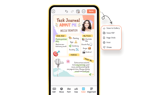 Completed Task Journal About Me on PlanWiz app with save, print, and share options
