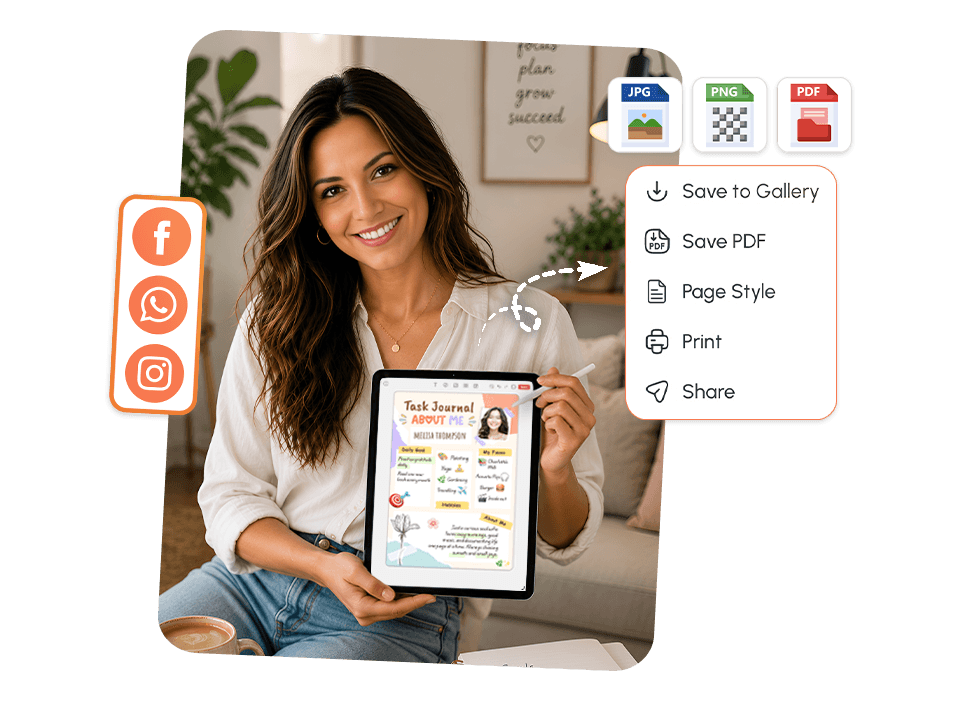 Woman sharing completed Task Journal About Me as JPG, PNG, or PDF via social media in PlanWiz app