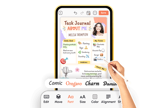PlanWiz app screen showing customizable Task Journal About Me template with font style options