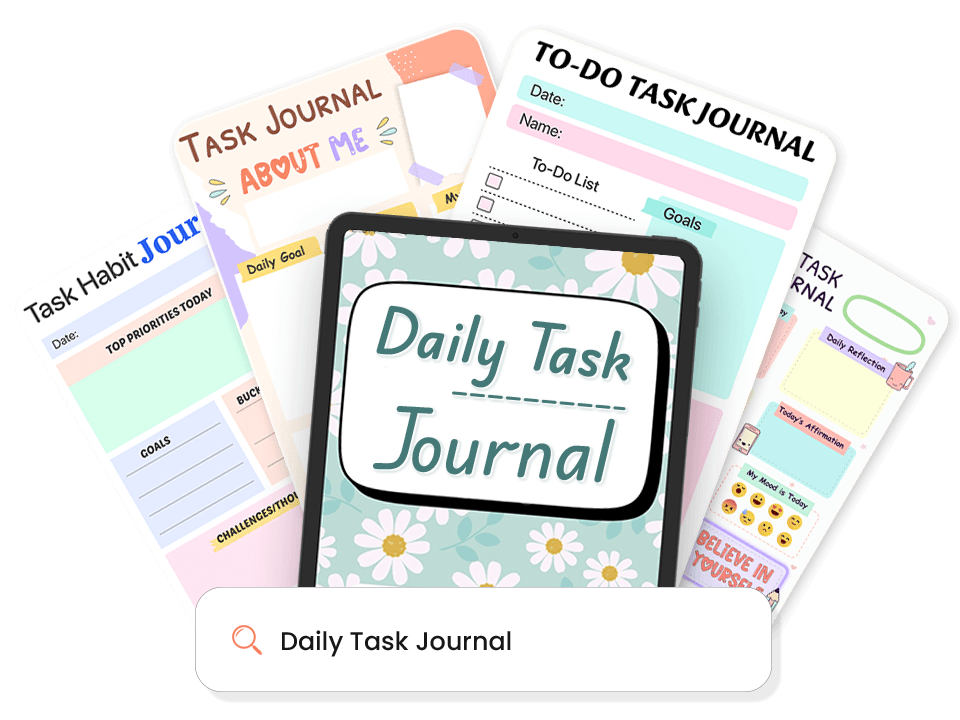 Collection of daily task journal templates including To-Do Task Journal and Task Habit Journal displayed on tablet