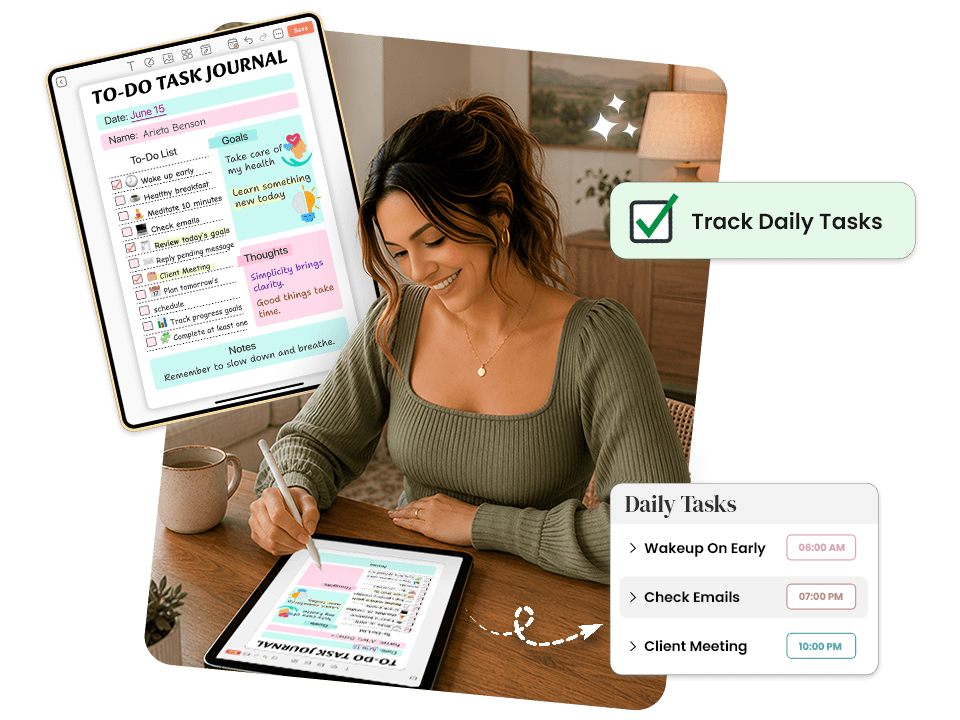 Woman tracking daily tasks on To-Do Task Journal with checklist, goals, and notes in PlanWiz app
