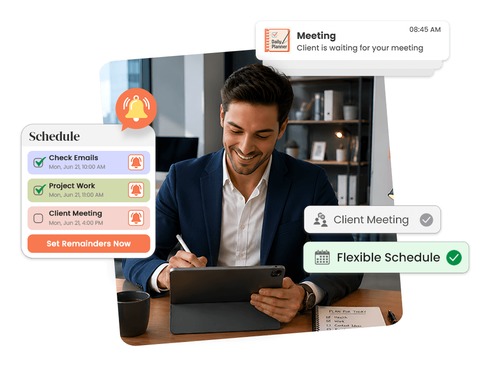 Professional man using flexible daily task schedule with reminders for emails, project work, and client meetings