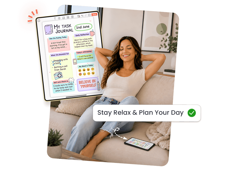 Woman relaxing on couch while planning her day using My Task Journal with self-care and mood tracking in PlanWiz